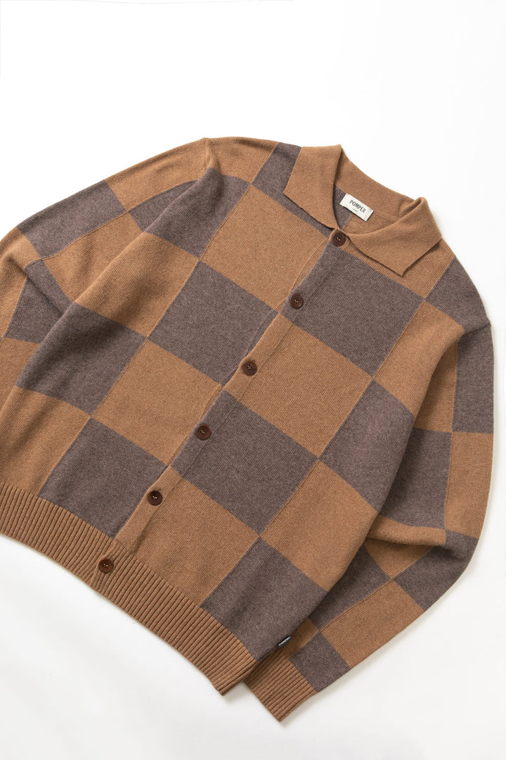 Pompeii - Checked Cardigan Polo - Dark Chocolate