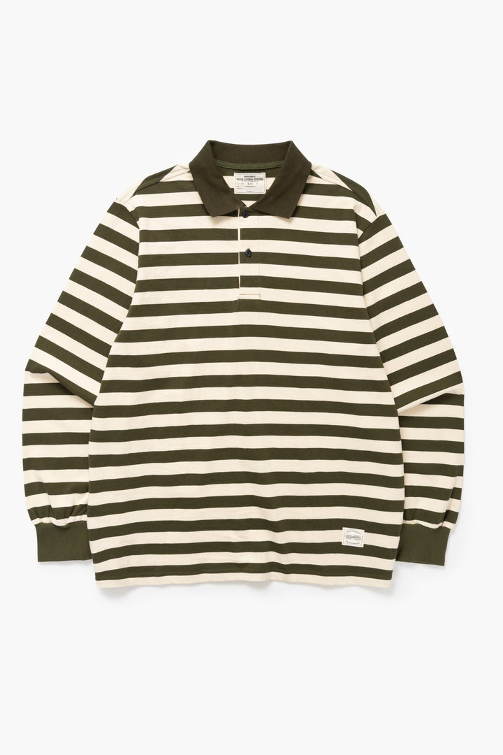 Okonkwo MFG - Long Sleeve Striped Polo Shirt - Olive