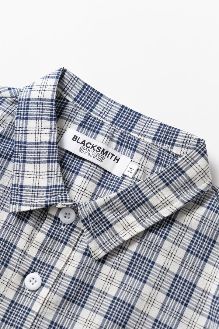 Blacksmith - Short Sleeved Popover Shirt - Navy Plaid