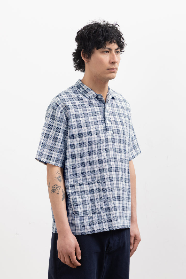 Blacksmith - Short Sleeved Popover Shirt - Navy Plaid