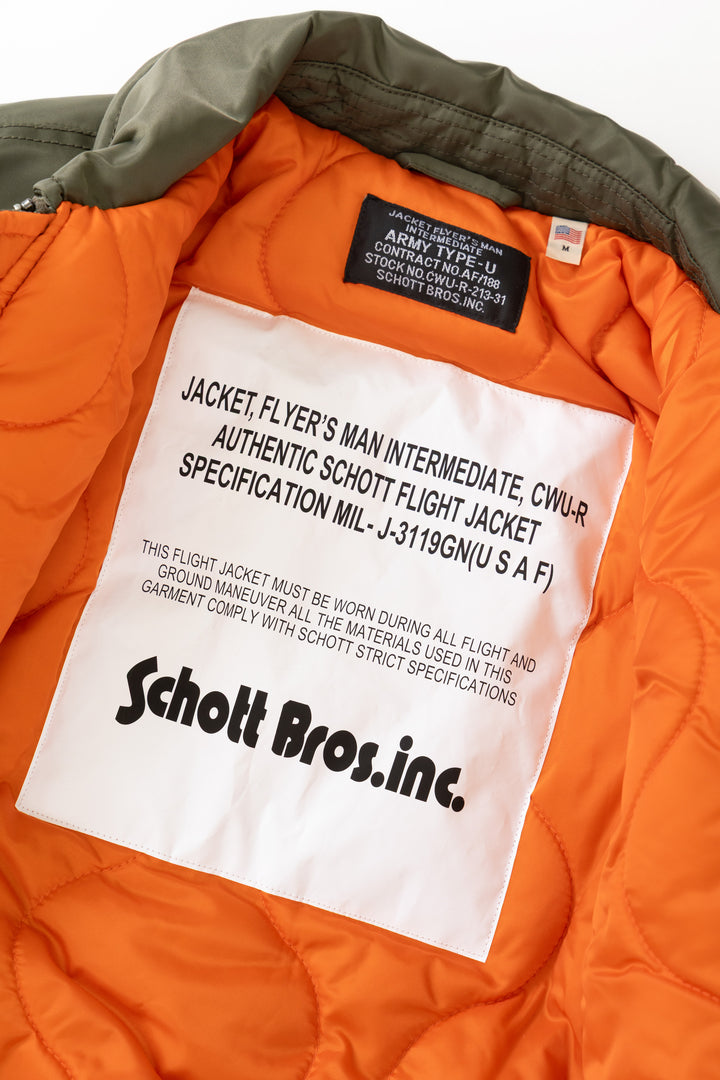 Schott N.Y.C - 90's Nylon Collared Bomber Jacket - Army Khaki
