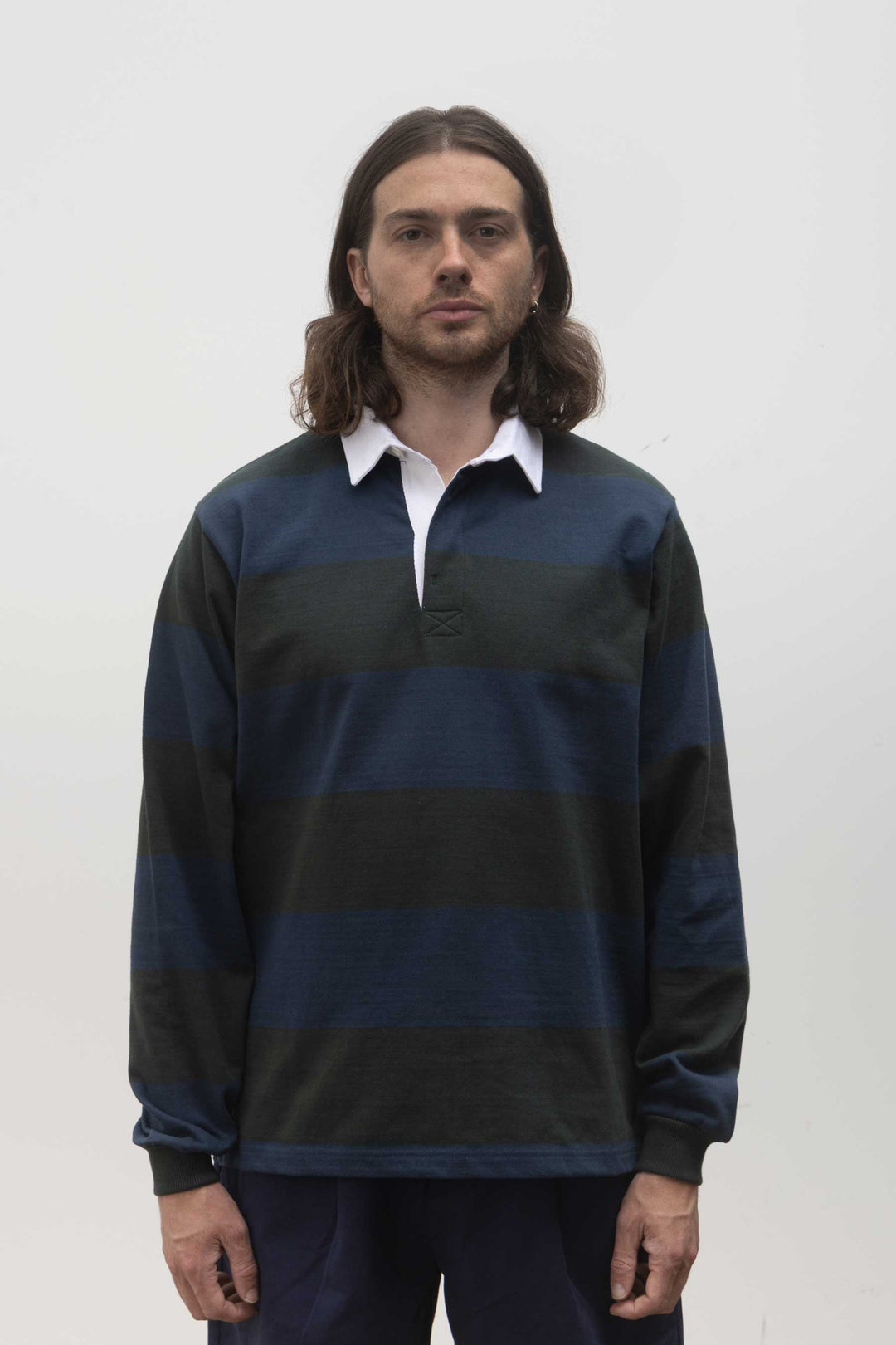 Opensider - Classic Rugby Shirt - Blue/Green Wide-Stripe