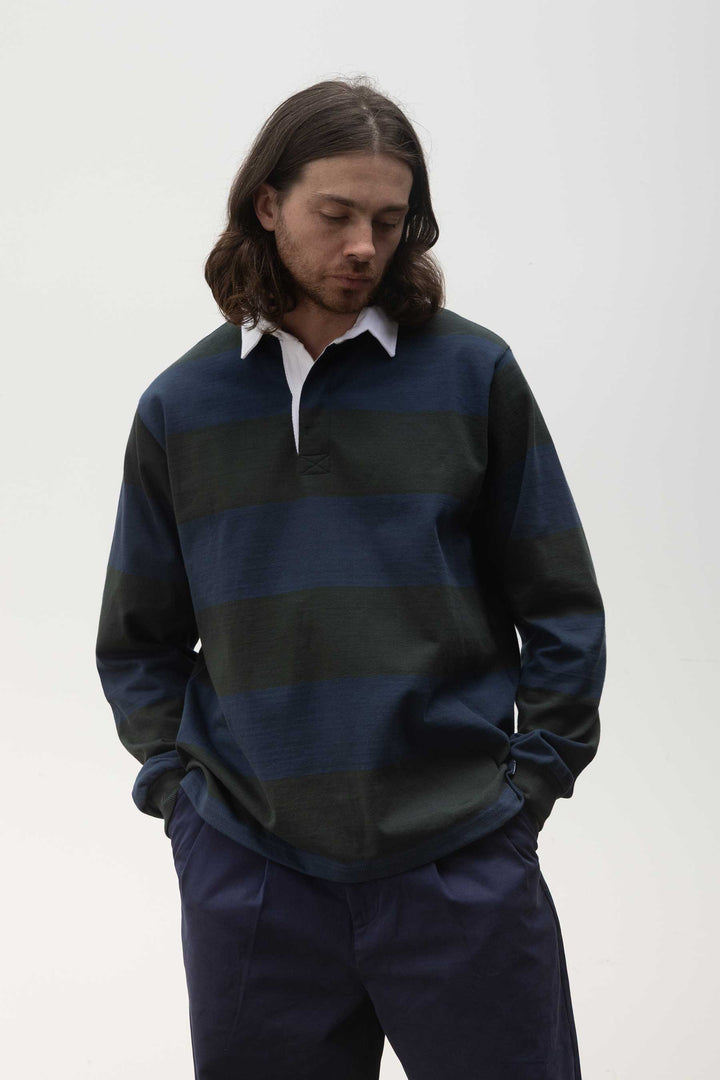Opensider - Classic Rugby Shirt - Blue/Green Wide-Stripe