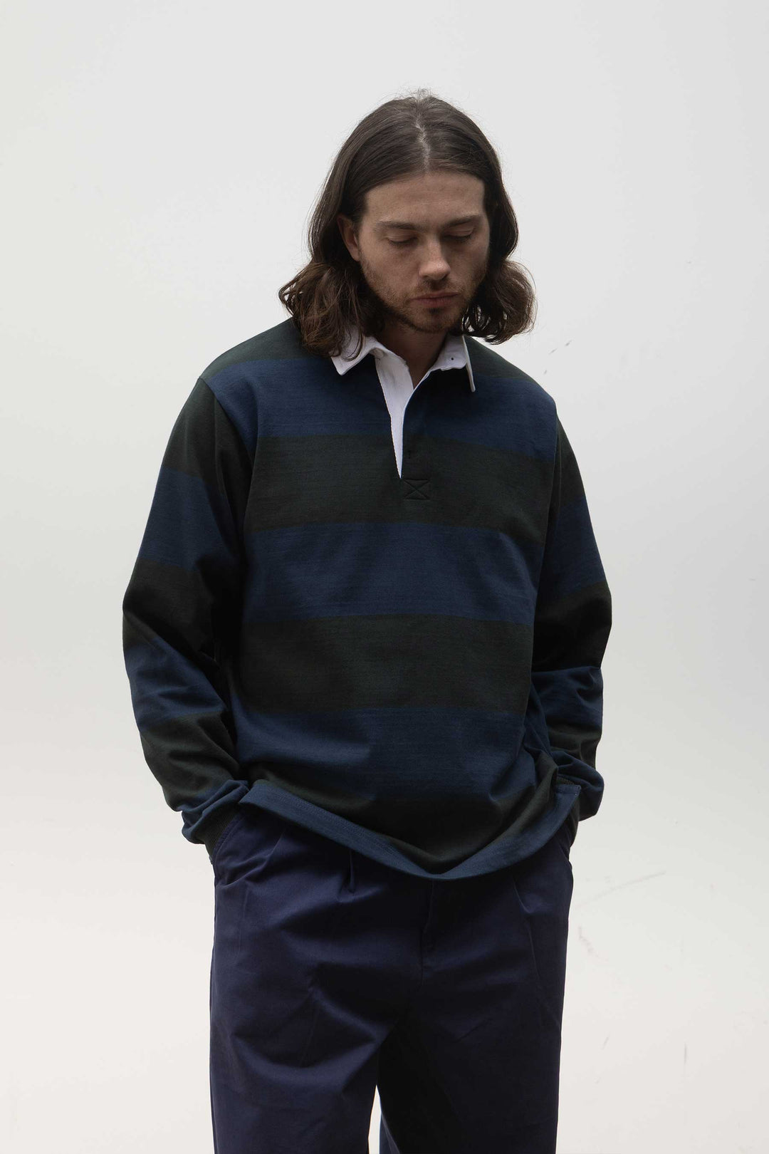Opensider - Classic Rugby Shirt - Blue/Green Wide-Stripe
