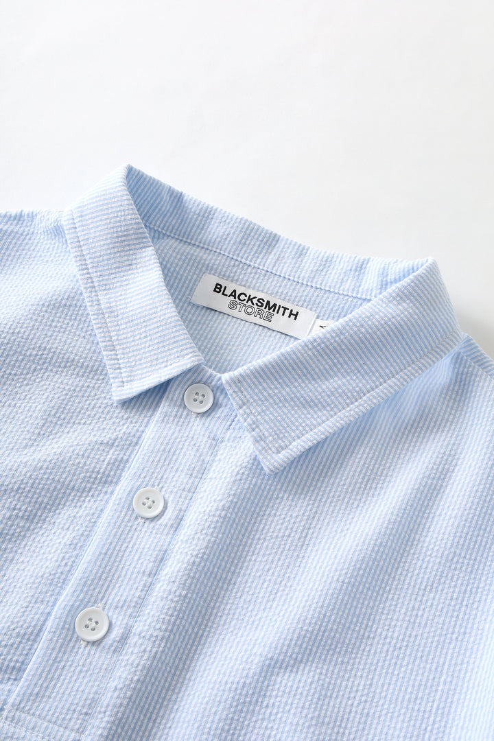 Blacksmith - Long Sleeved Popover Shirt - Blue Seersucker